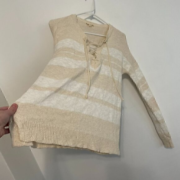 HEM & THREAD ALTAR'D STATE Cream White Striped Lace Up Knit Pullover Sweatshirt - Picture 10 of 14